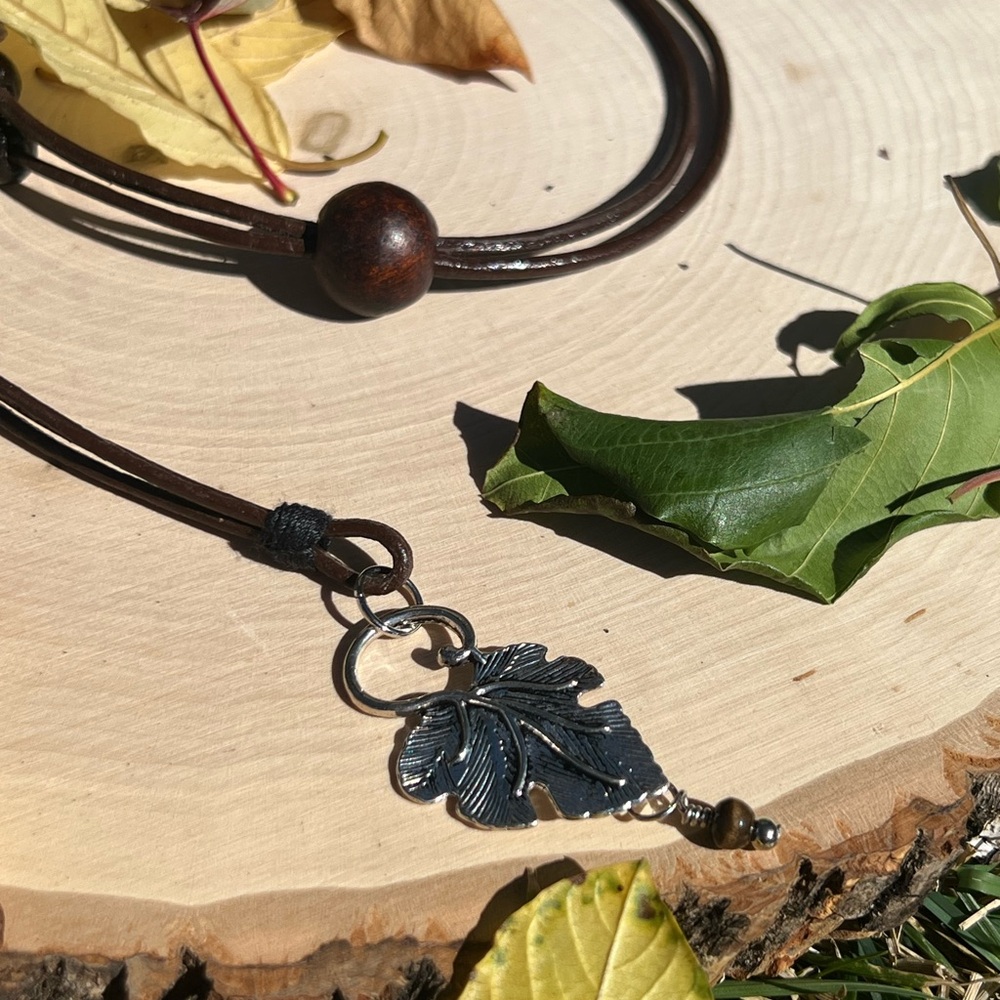 Silver Leaf Pendant Leather Necklace Adjustable